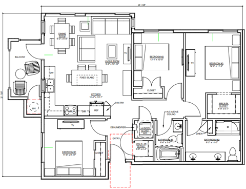 Floor plan for 3 beds, 2 baths, 1102 sqft